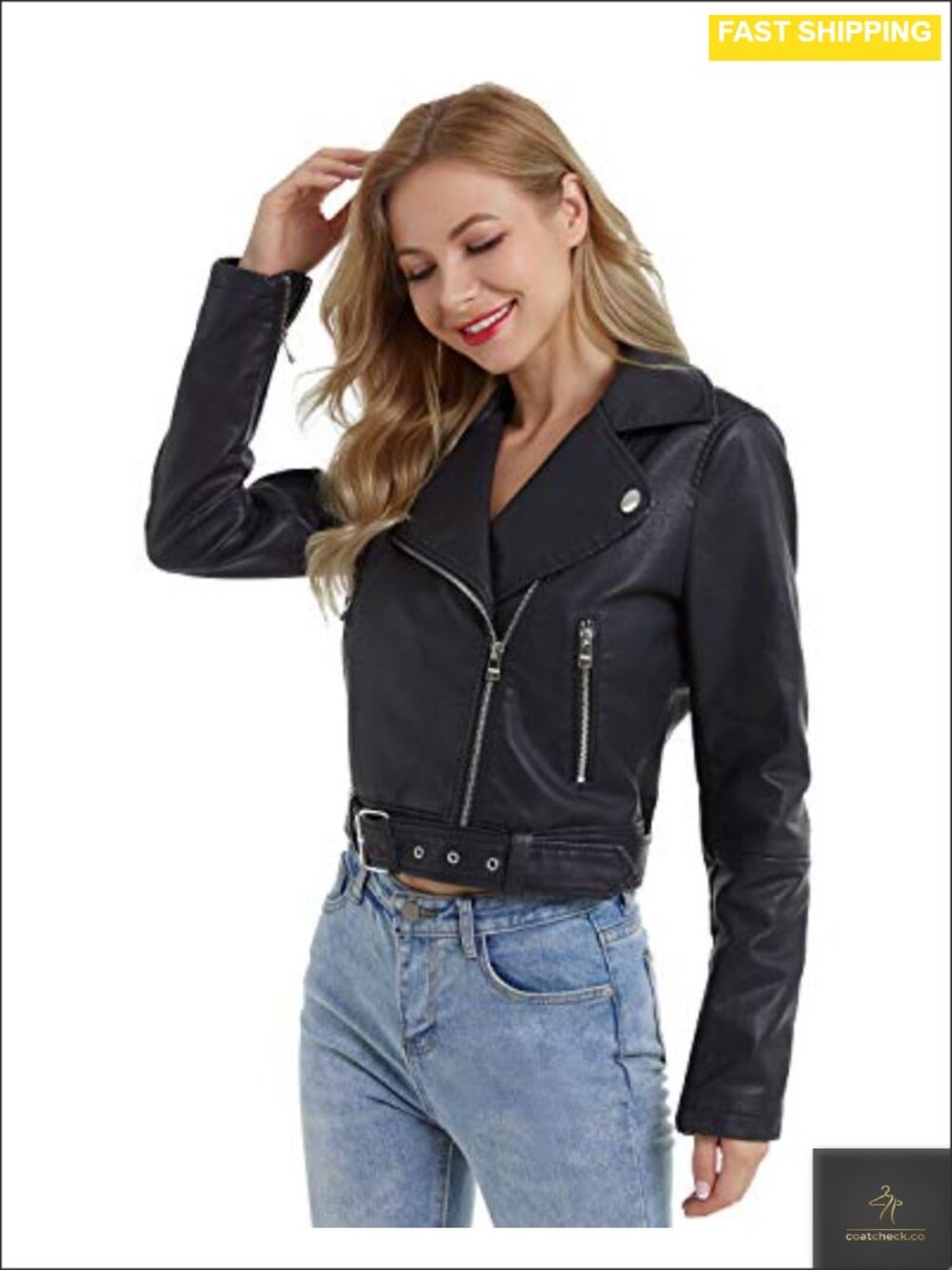 Women's Faux Leather Jacket Slim Belted PU Moto Coat
